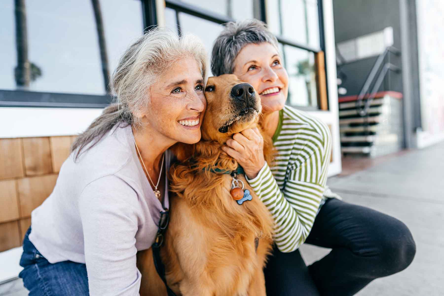 Two retired women hugging a golden retriever dog.