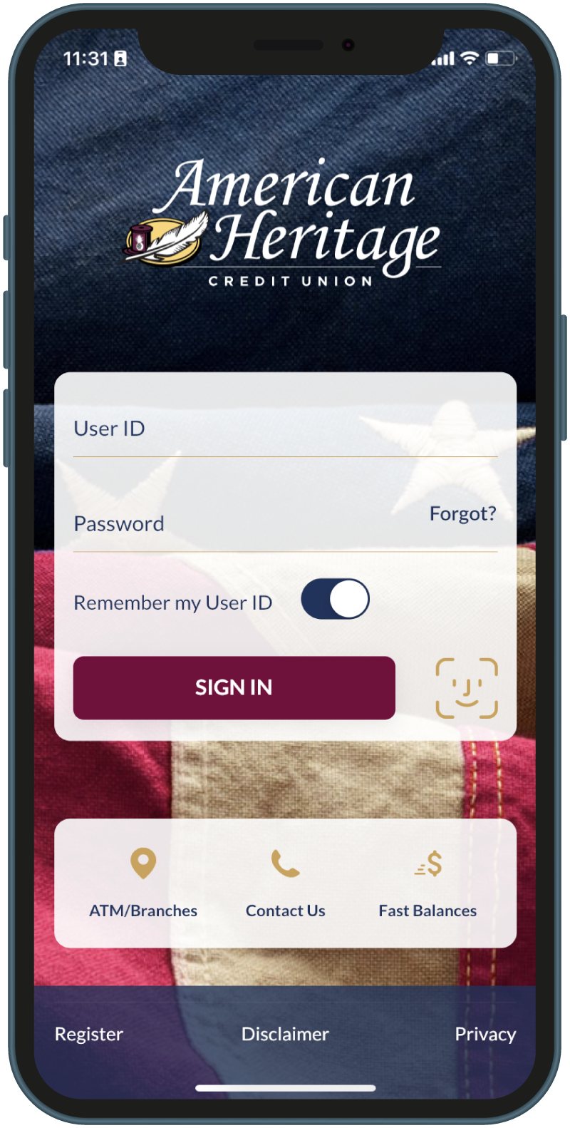 The login screen of the mobile app