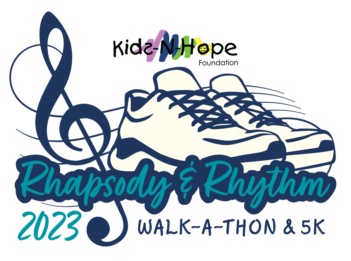 2023 Rhapsody & Rhythm Walk-A-Thon & 5K logo with sneakers and music notes